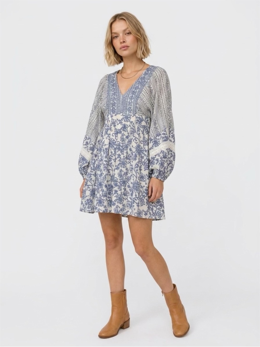 Sincerely Jules Blue Floral V-Neck Long-Sleeve Mini Dress